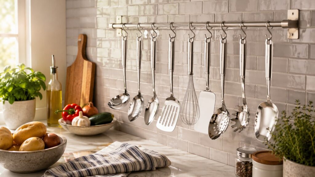 Juego completo de útiles de cocina Rena Ware en acero inoxidable colgados brillando bajo luz natural · Distribuidora Dora Tawara Lima Perú