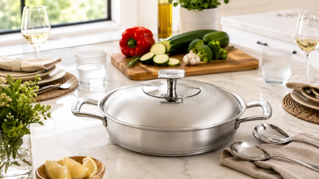 Mesa elegante servida con juego de utensilios y cubiertos Rena Ware de acero inoxidable · Cocina premium Dora Tawara Lima Perú
