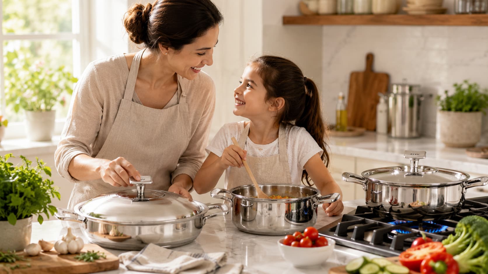 Madre e hija peruanas sonriendo cocinando juntas con olla Rena Ware de acero inoxidable en cocina moderna · Inversión familiar Dora Tawara Lima