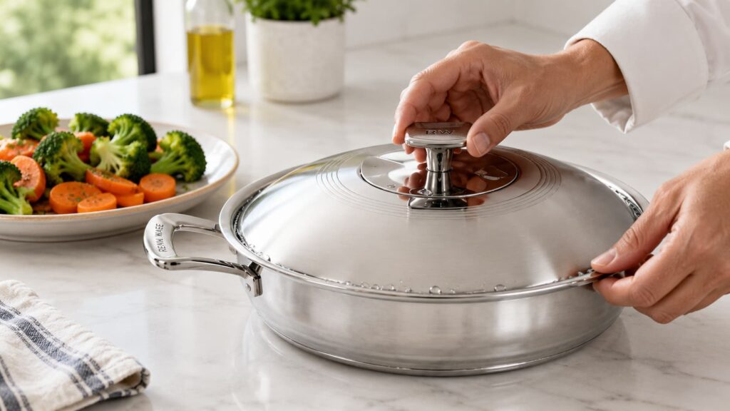 Mano girando tapa de olla Rena Ware demostrando sello de agua con brócoli verde vibrante y zanahorias al lado · 6 reglas Dora Tawara Lima