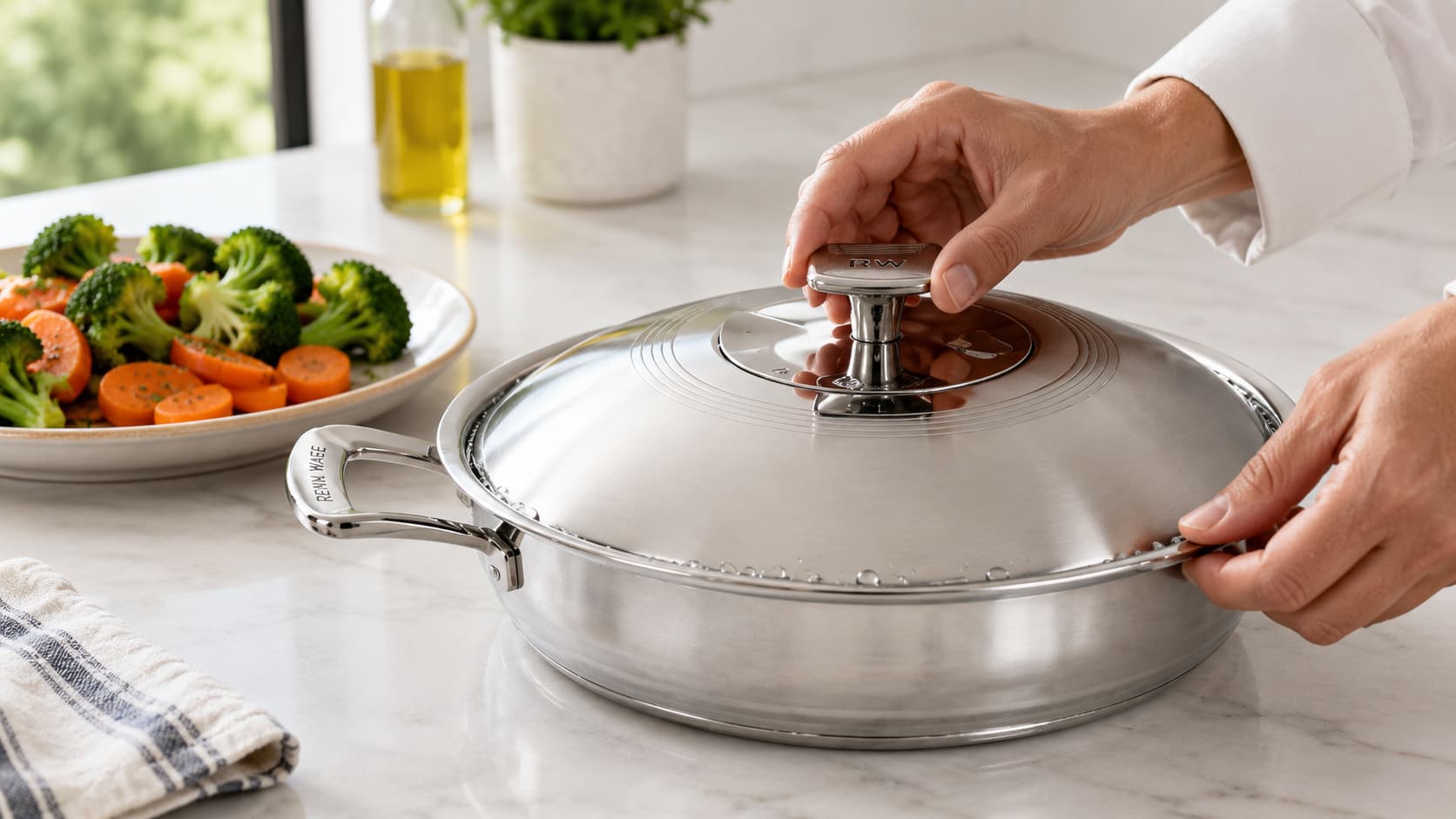 Mano girando tapa de olla Rena Ware demostrando sello de agua con brócoli verde vibrante y zanahorias al lado · 6 reglas Dora Tawara Lima