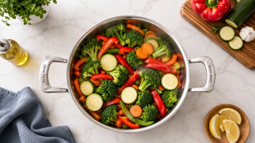 Verduras frescas coloridas brócoli pimientos zanahorias cocinadas en olla Rena Ware conservando nutrientes · Cocina saludable Dora Tawara Lima