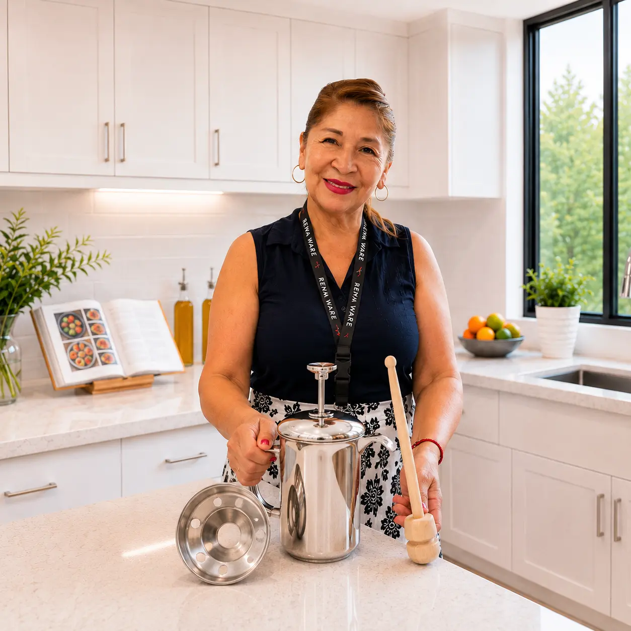 Dora Tawara mostrando una chocolatera de acero inoxidable Rena Ware con molinillo de madera en una cocina moderna y luminosa.