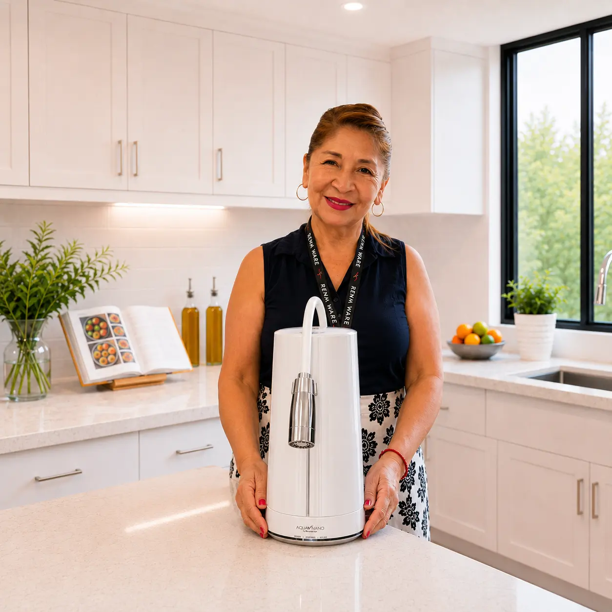 Dora Tawara presentando el filtro de agua Aqua Nano by Rena Ware sobre una encimera de cocina moderna y luminosa.