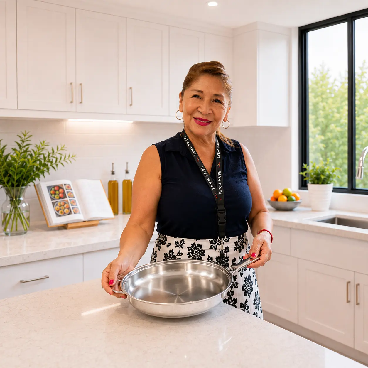 Dora Tawara mostrando una sartén de acero inoxidable Rena Ware en una cocina moderna y luminosa.