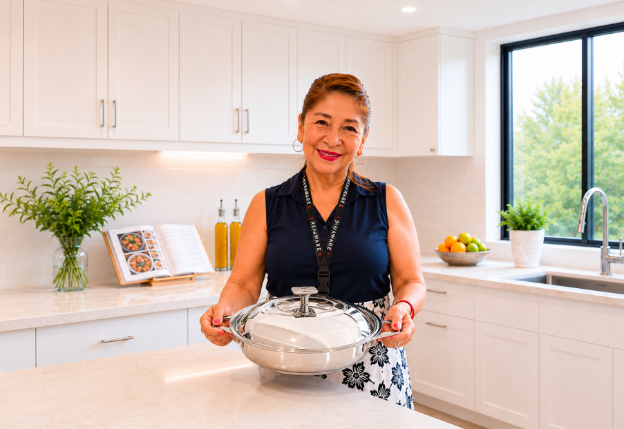 Dora Tawara distribuidora autorizada Rena Ware con olla grande de acero inoxidable quirúrgico con garantía de por vida