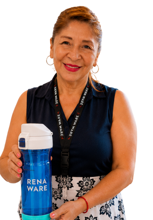 Dora Tawara distribuidora Rena Ware con purificador de agua AquaNano blanco